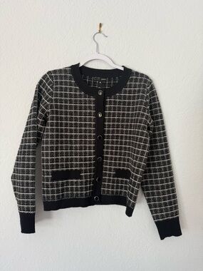 Aqua Black White Checkered Knit Crewneck Tweed Wool Blend Cardigan Long Sleeve S